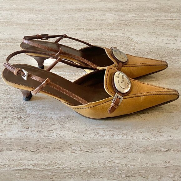 Vintage Prada Silver Logo Slingback Kitten Heels - Picture 4 of 8